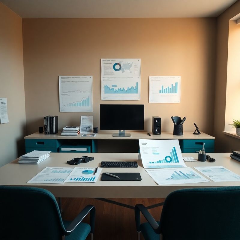 Birou de redacție minimalist cu grafice tipărite și rapoarte de date în tonuri teal-moderne