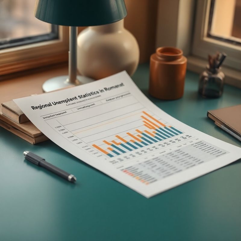 Grafic tipărit cu statistici regionale privind șomajul în România, pe un birou în tonuri teal
