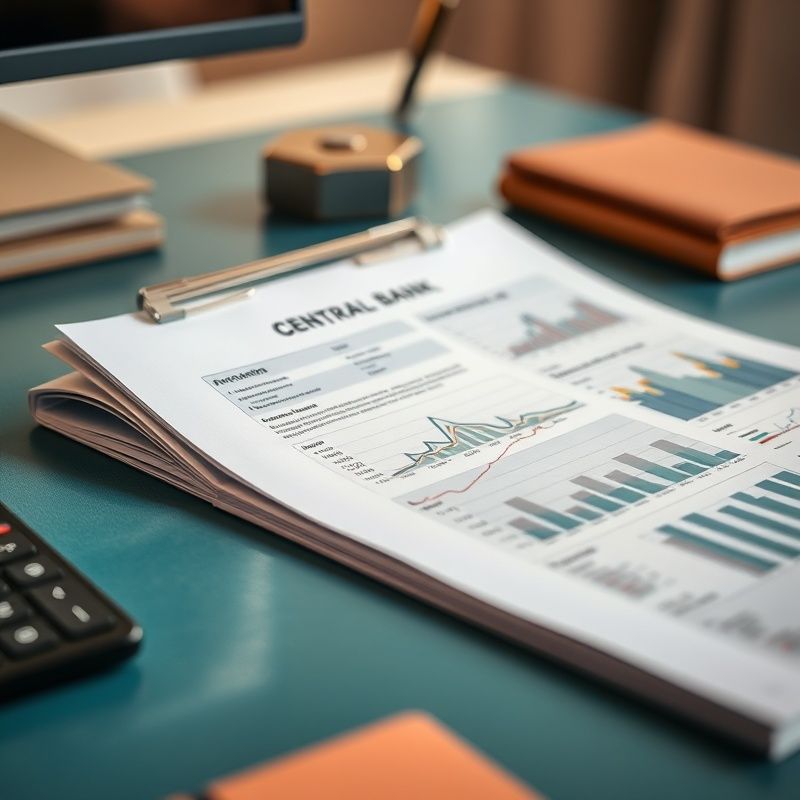 Prim-plan cu un raport BNR pe un birou modern în tonuri teal, cu grafice economice vizibile