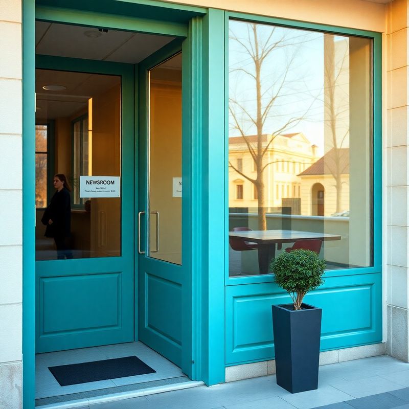 Intrare minimalistă de birou editorial în tonuri teal-moderne dintr-o clădire din Craiova